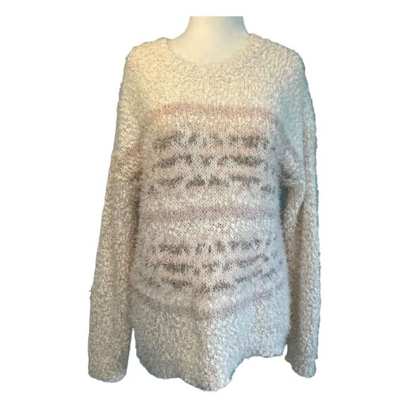 SO Oversized Crewneck Eyelash Knit Sweater Cream Pink Tan M - Picture 1 of 7